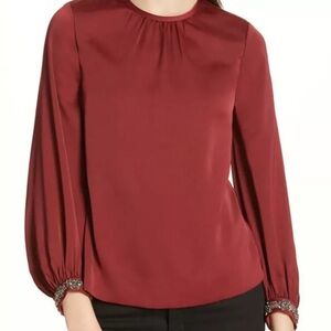 Ted Baker London Juudy Embellished Rhinestone Sleeve Maroon Blouse size 3
